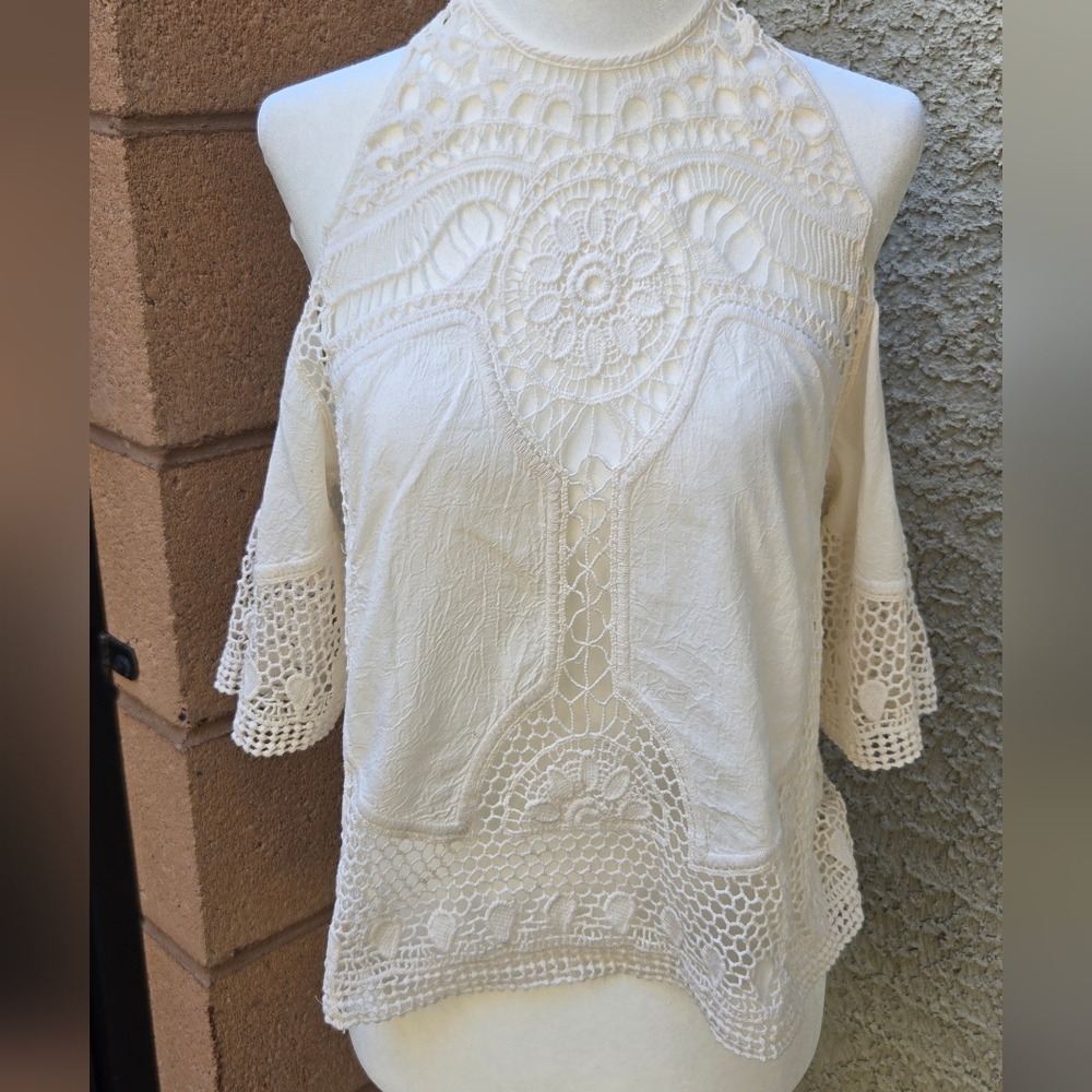 Hollister Cream Crochet Lace Cold-Shoulder Top